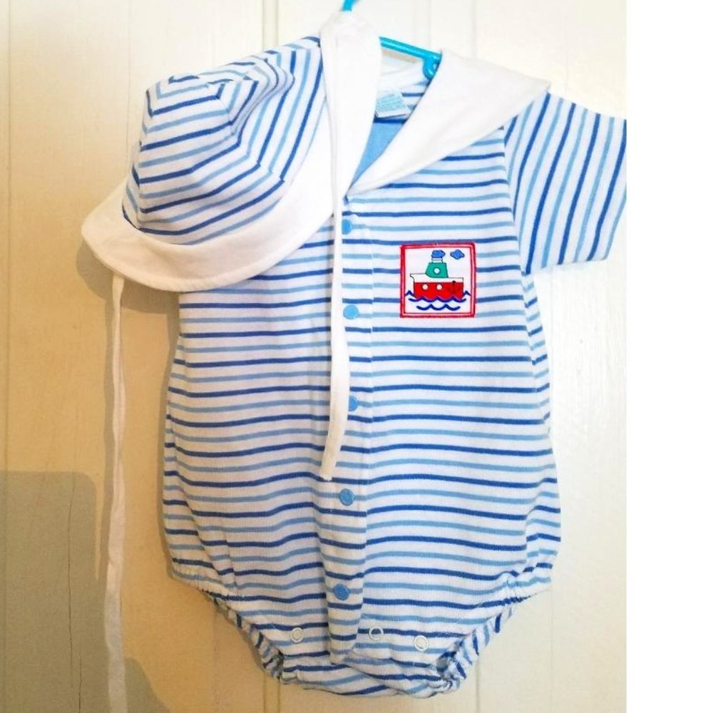 New Baby Sun Outfit w/Hat Little Miracles Blue & White Stripes 6 to 9 Months
